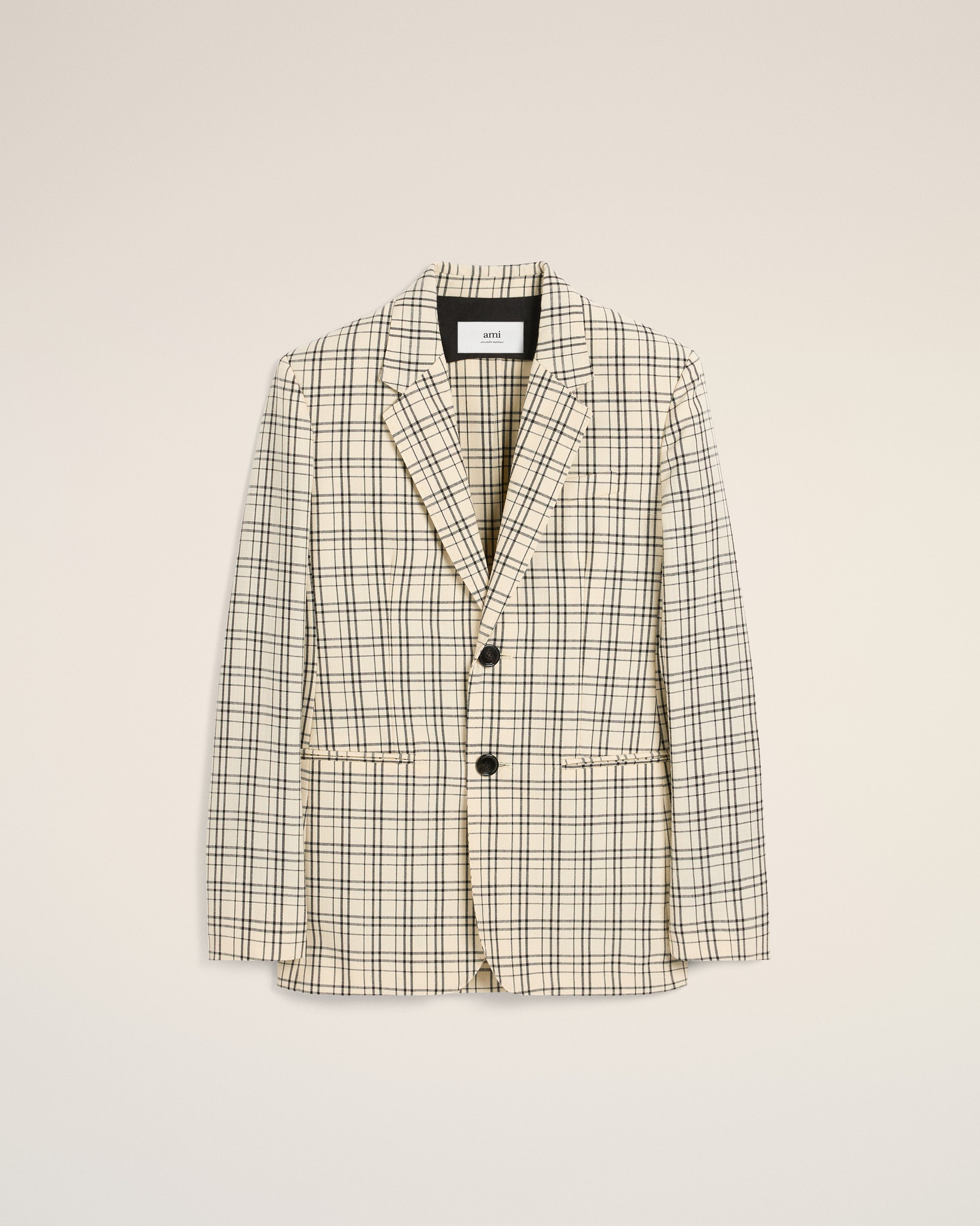 Beige Checked Wool Semi-Lined Jacket