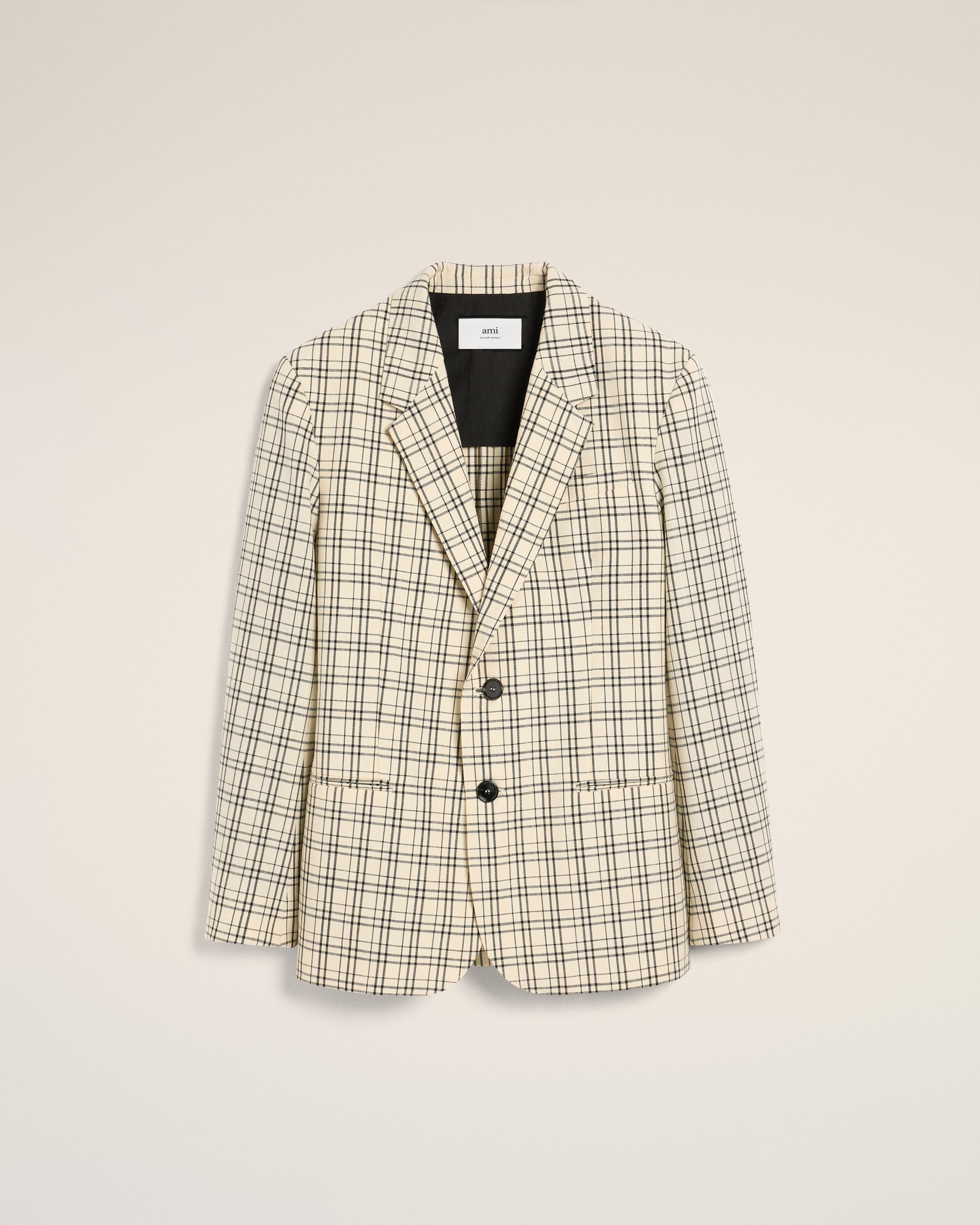 Beige Checked Wool Semi-Lined Jacket