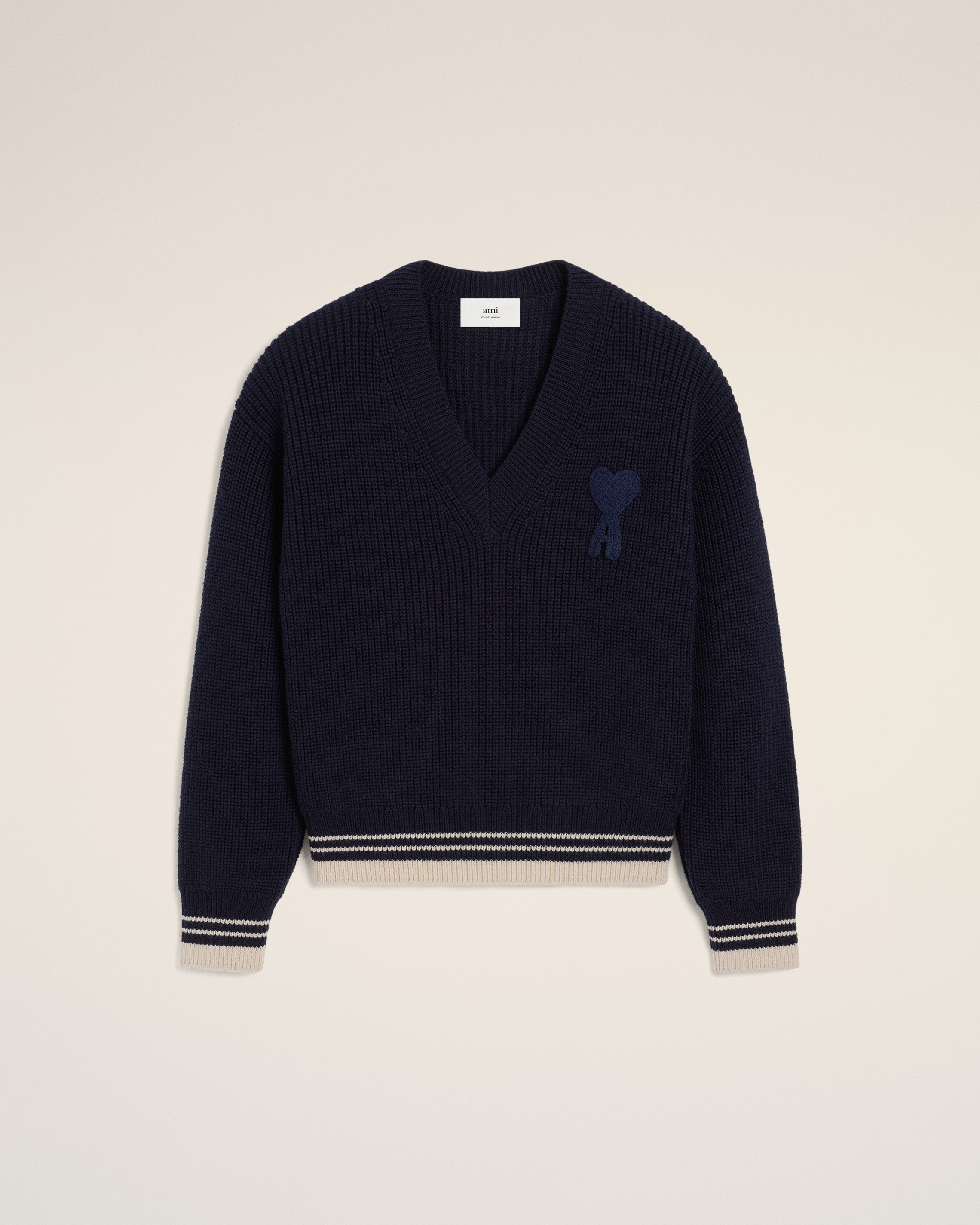 Navy Wool Ribbed V Neck Sweater