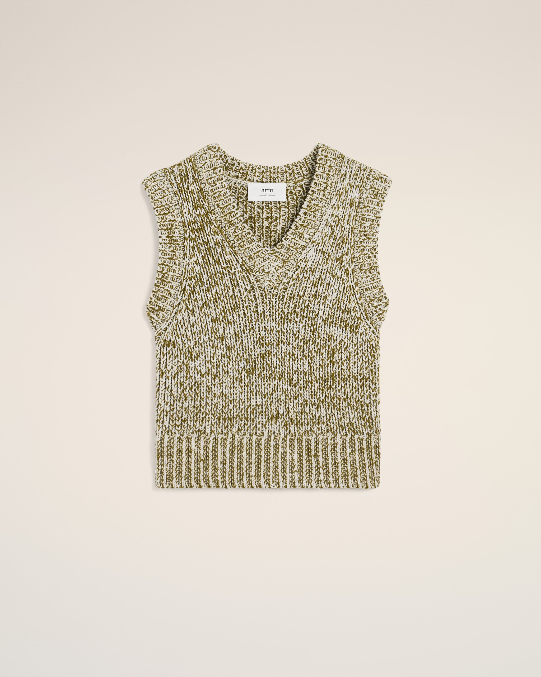 Green Cotton And Wool Sleeveless V Neck Sweater